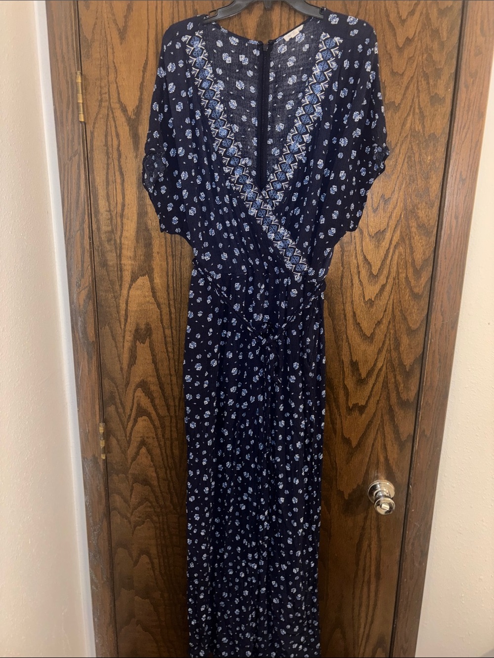 Westport Navy Printed Wrap-Style Jumpsuit with Embroidered Yoke Size 20